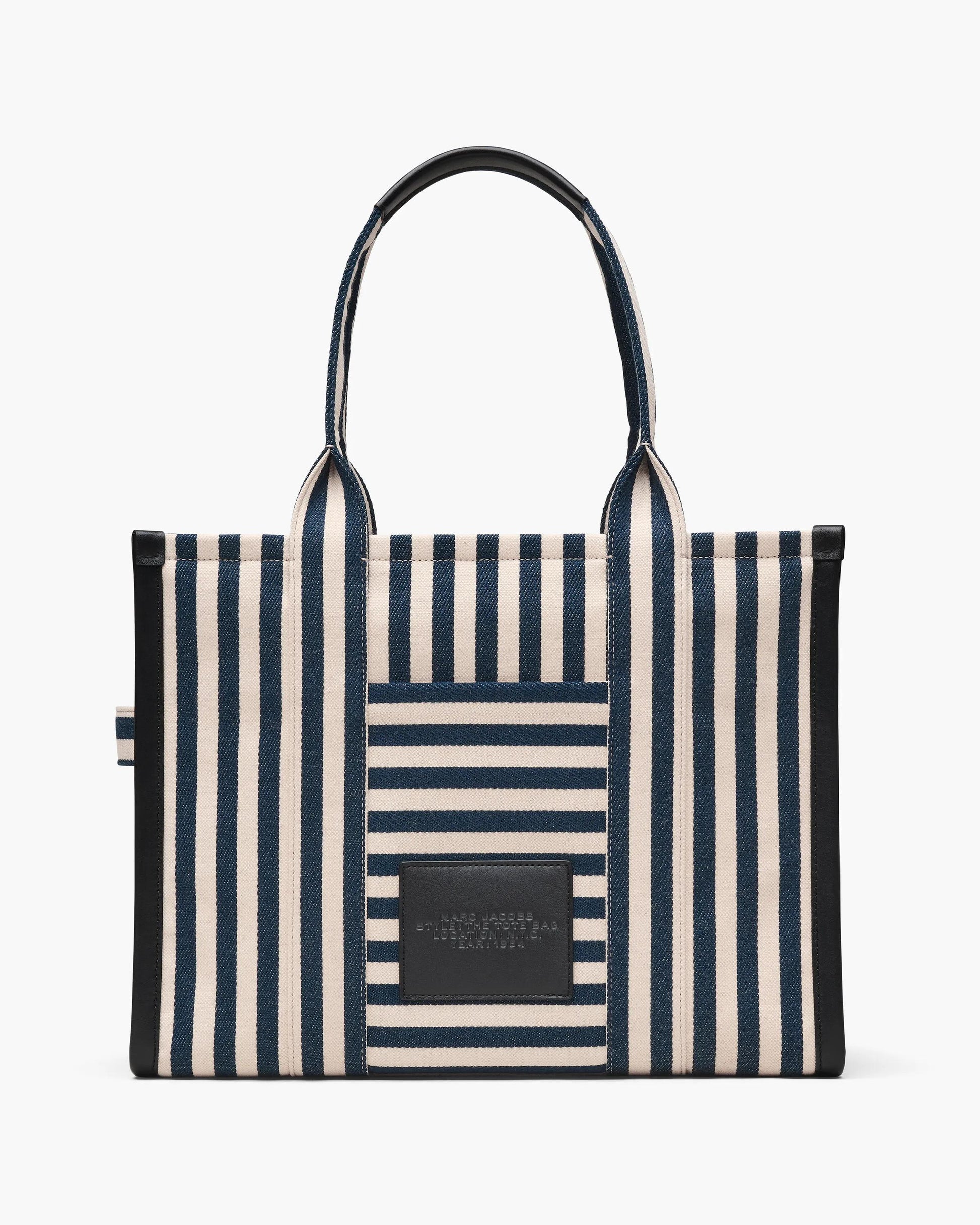 Bolsa Marc Jacobs The Stripe Canvas Large Tote Bag, Lona de Algodão pesada com acabamento em couro, cor Azul Mar Multicolor, detalhe do material | Original Exports