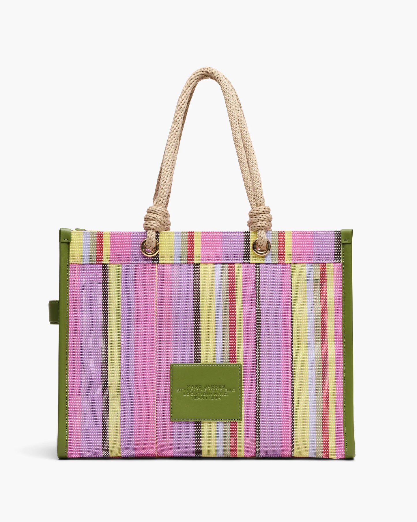 Bolsa Marc Jacobs The Stripe Mesh Large Tote Bag, Tela/Ráfia listrada, cor Roxo Multicolor, detalhe do material | Original Exports