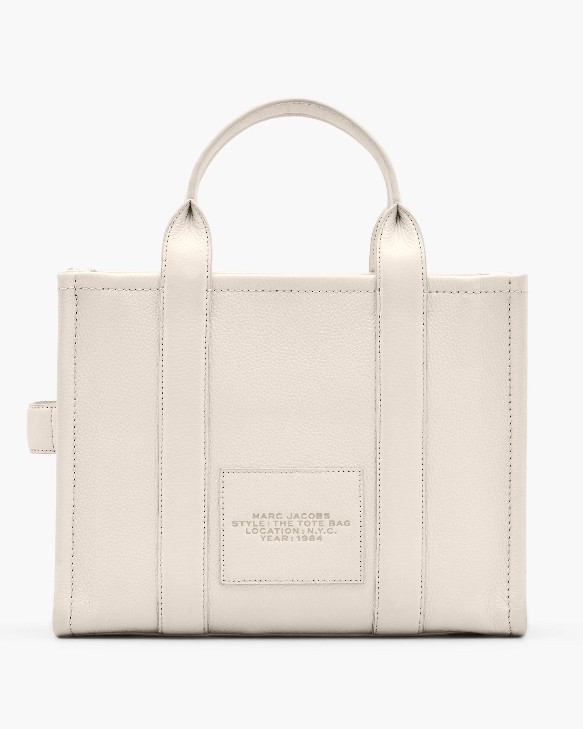 Bolsa Marc Jacobs The Leather Medium Tote Bag, Couro Legítimo, cor Branco Algodão/Prata, detalhe do material | Original Exports