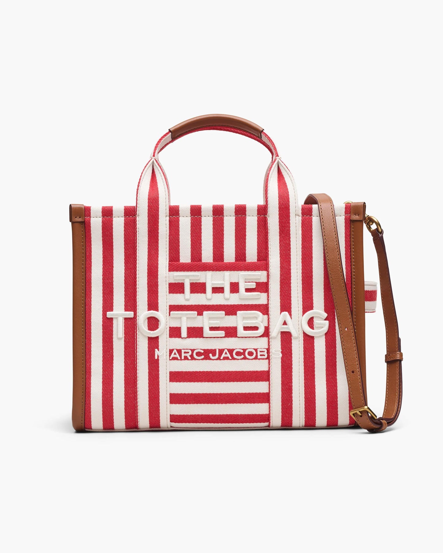 Bolsa Marc Jacobs The Stripe Canvas Medium Tote Bag, Lona de Algodão pesada com acabamento em couro, cor Vermelho Multicolor, vista frontal | Original Exports