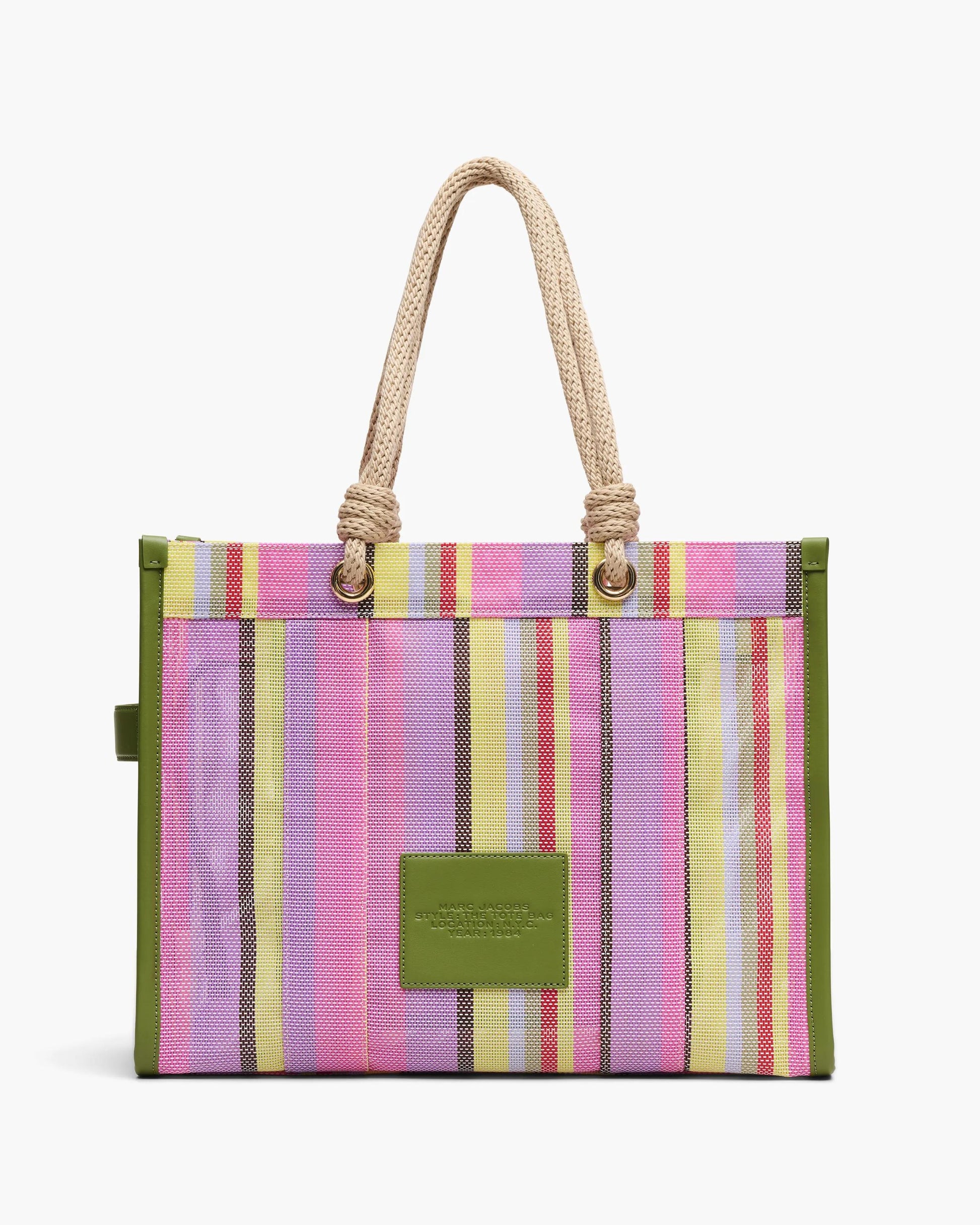 Bolsa Marc Jacobs The Stripe Mesh Large Tote Bag, Tela/Ráfia listrada, cor Roxo Multicolor, detalhe do material | Original Exports