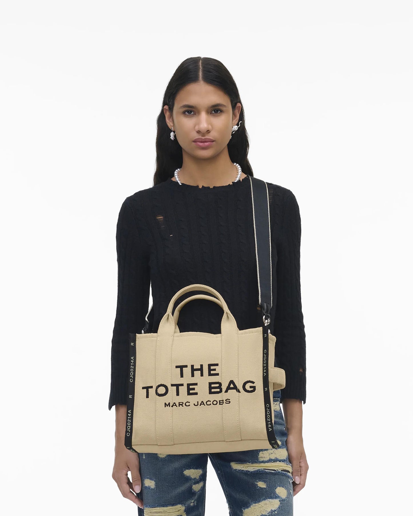 Bolsa Marc Jacobs The Jacquard Medium Tote Bag, Jacquard Tecido de Luxo, cor Areia Quente, vista lateral | Original Exports