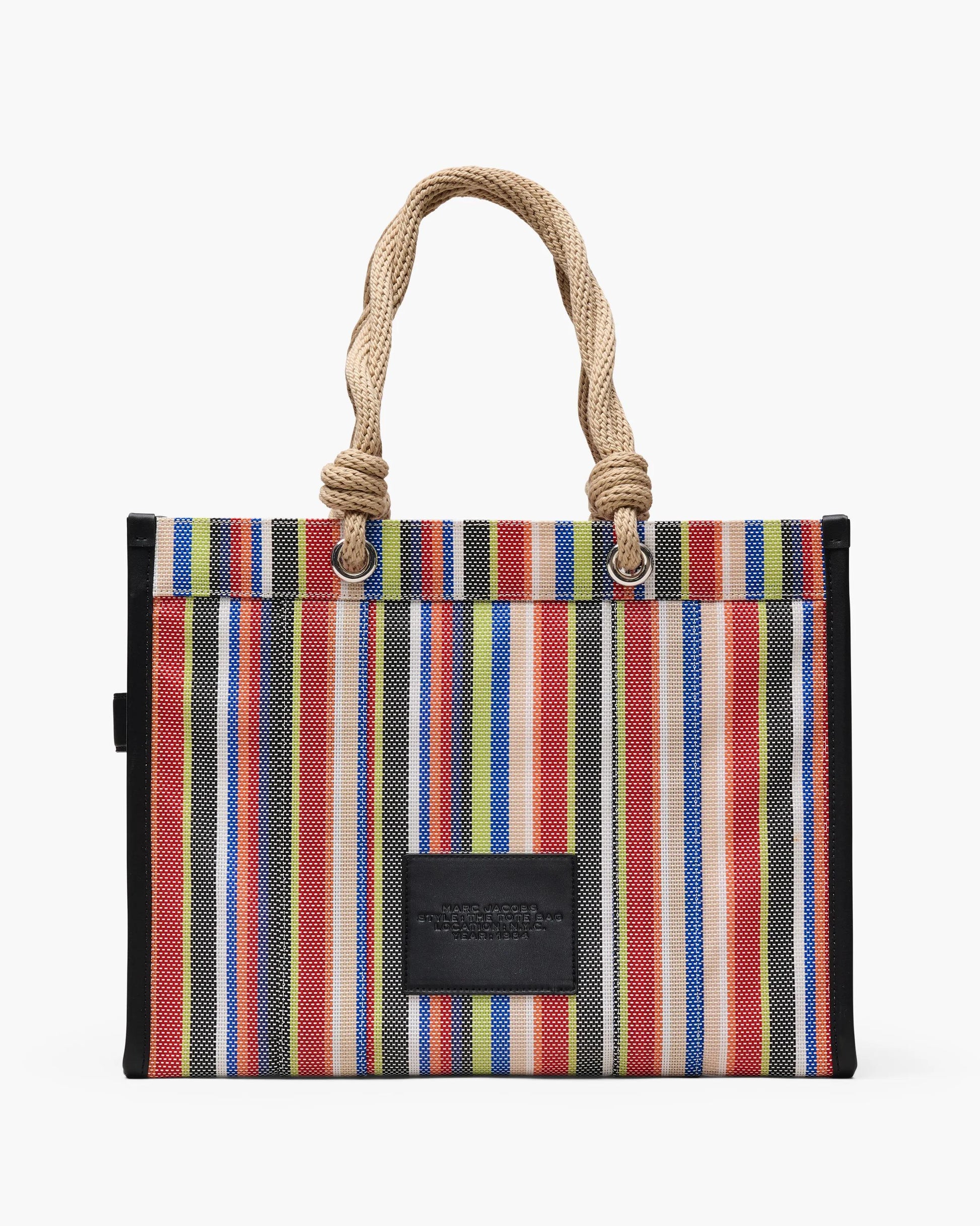 Bolsa Marc Jacobs The Stripe Mesh Large Tote Bag, Tela/Ráfia listrada, cor Vermelho Multicolor, detalhe do material | Original Exports