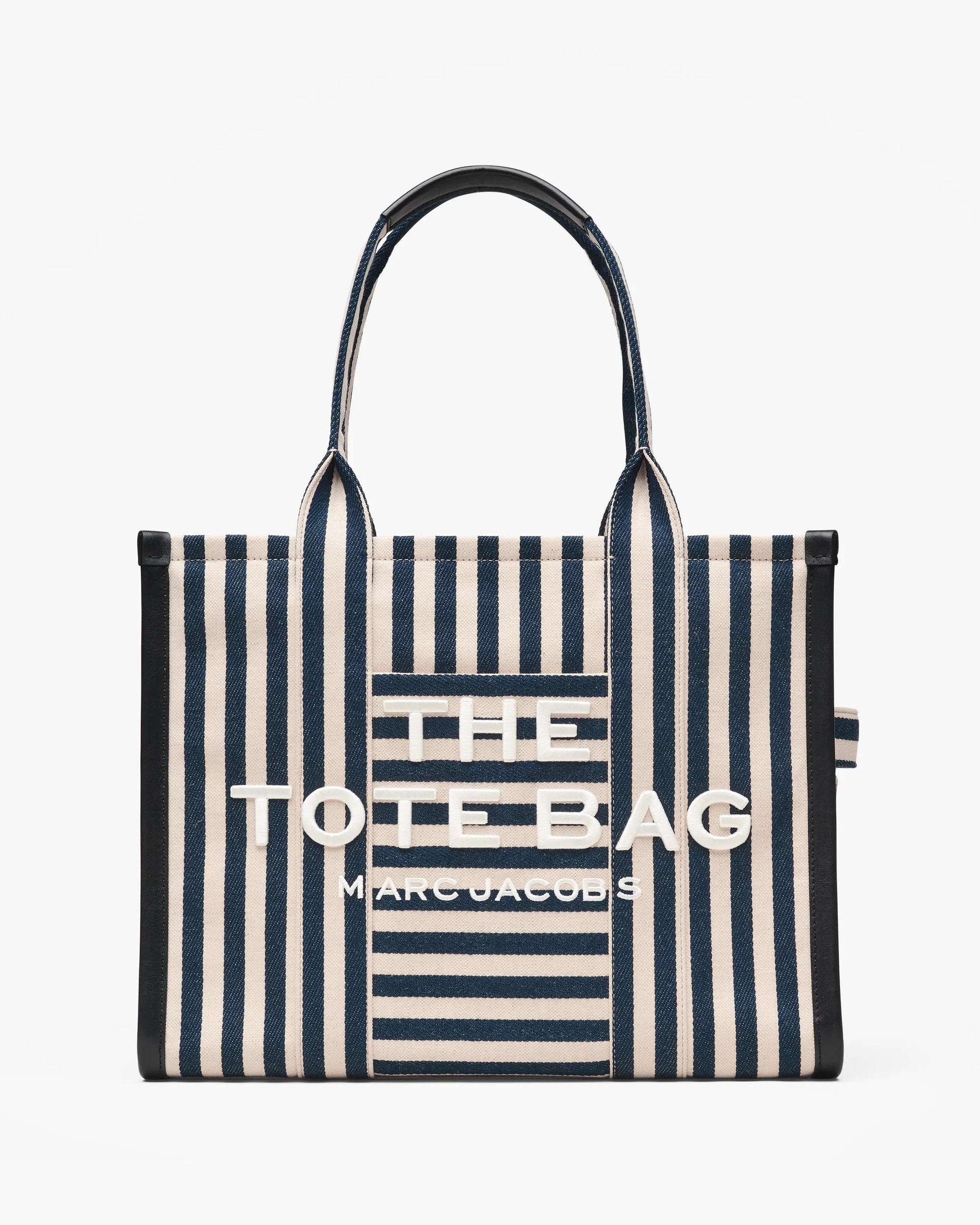 Bolsa Marc Jacobs The Stripe Canvas Large Tote Bag, Lona de Algodão pesada com acabamento em couro, cor Azul Mar Multicolor, vista frontal | Original Exports