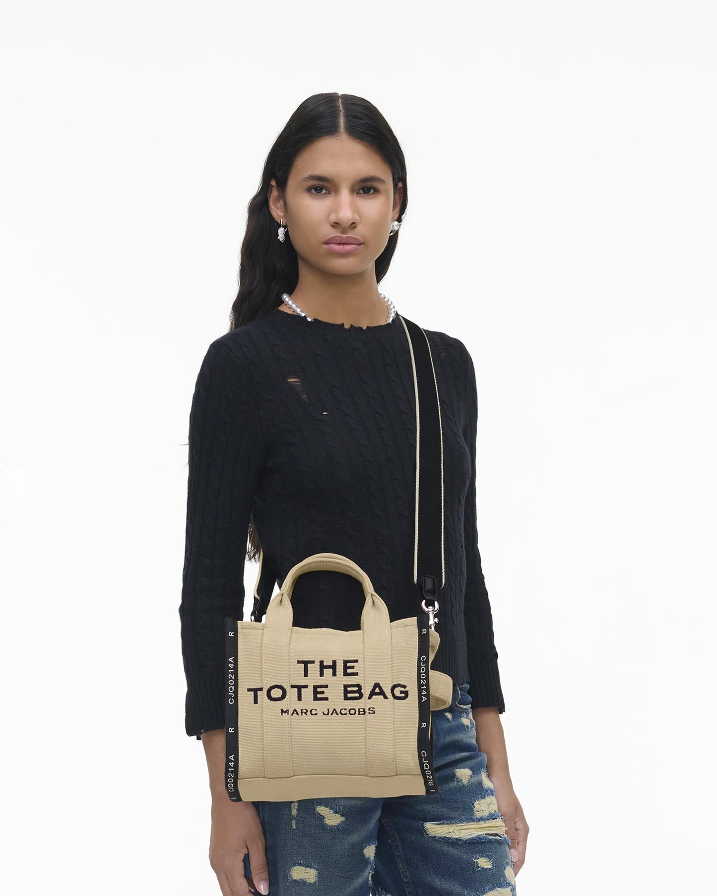 Bolsa Marc Jacobs The Jacquard Small Tote Bag, Jacquard Tecido de Luxo, cor Areia Quente, vista lateral | Original Exports