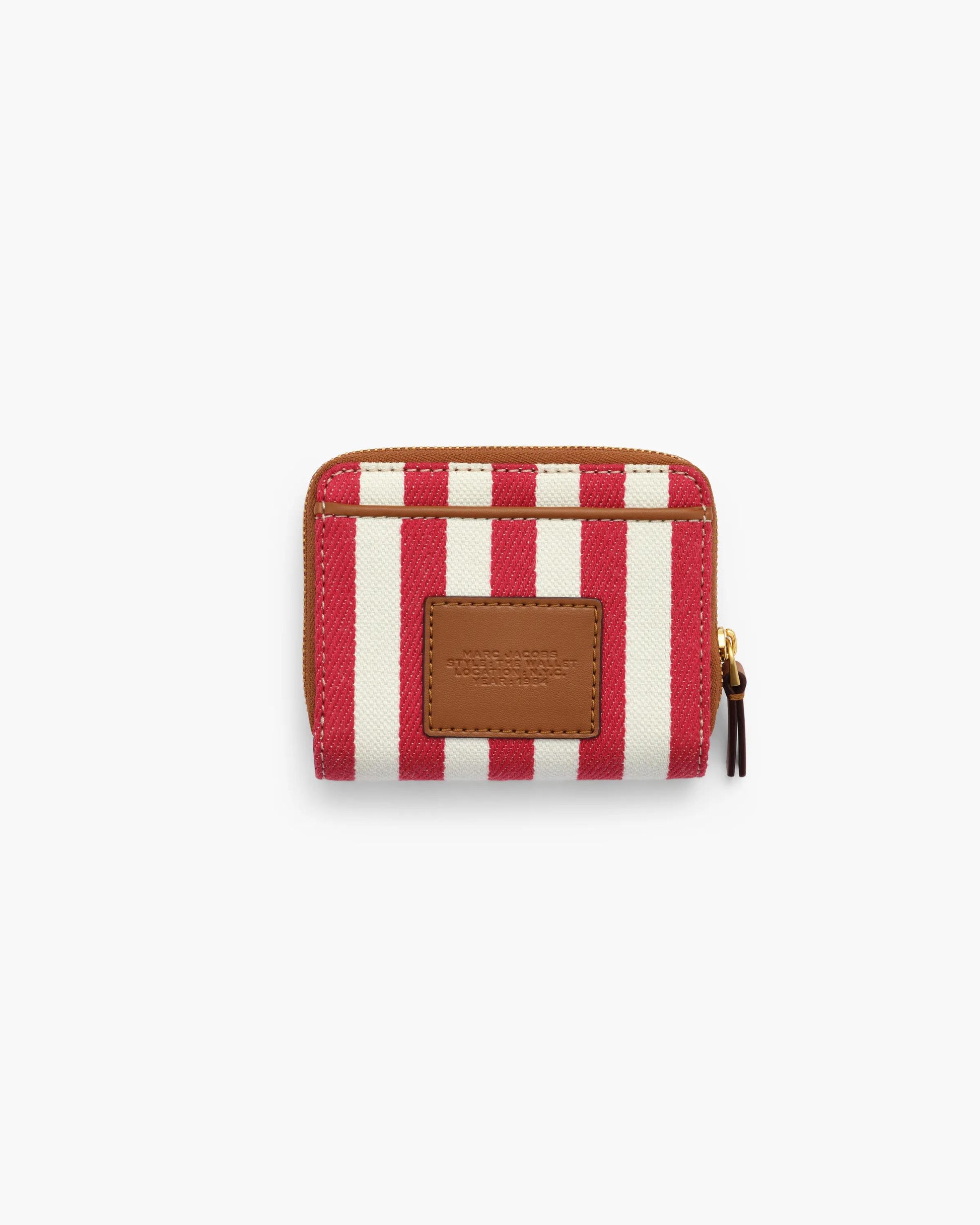 Carteira Marc Jacobs The Stripe Canvas Mini Compact Wallet, Lona Listrada, cor Vermelho Multicolor, detalhe do material | Original Exports