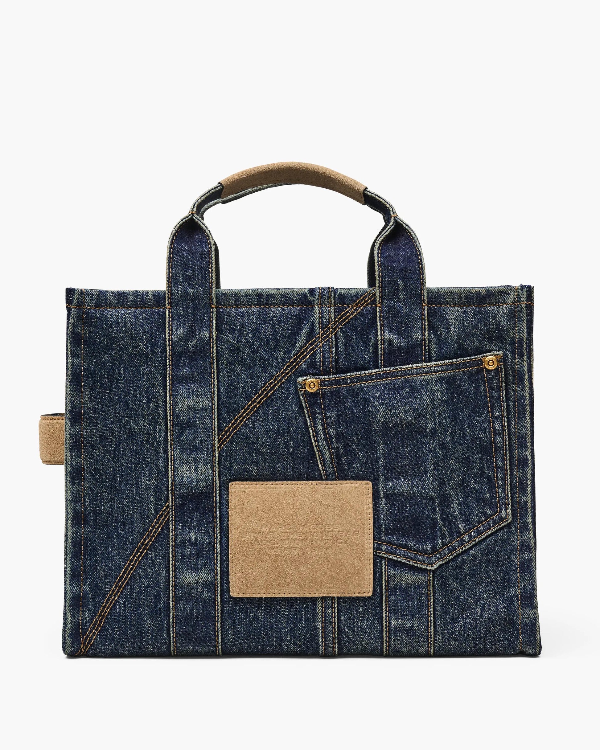 Bolsa Marc Jacobs The Denim Suede Medium Cargo Tote Bag, Jeans com acabamento em camurça, cor Jeans Escuro (Indigo), detalhe do material | Original Exports