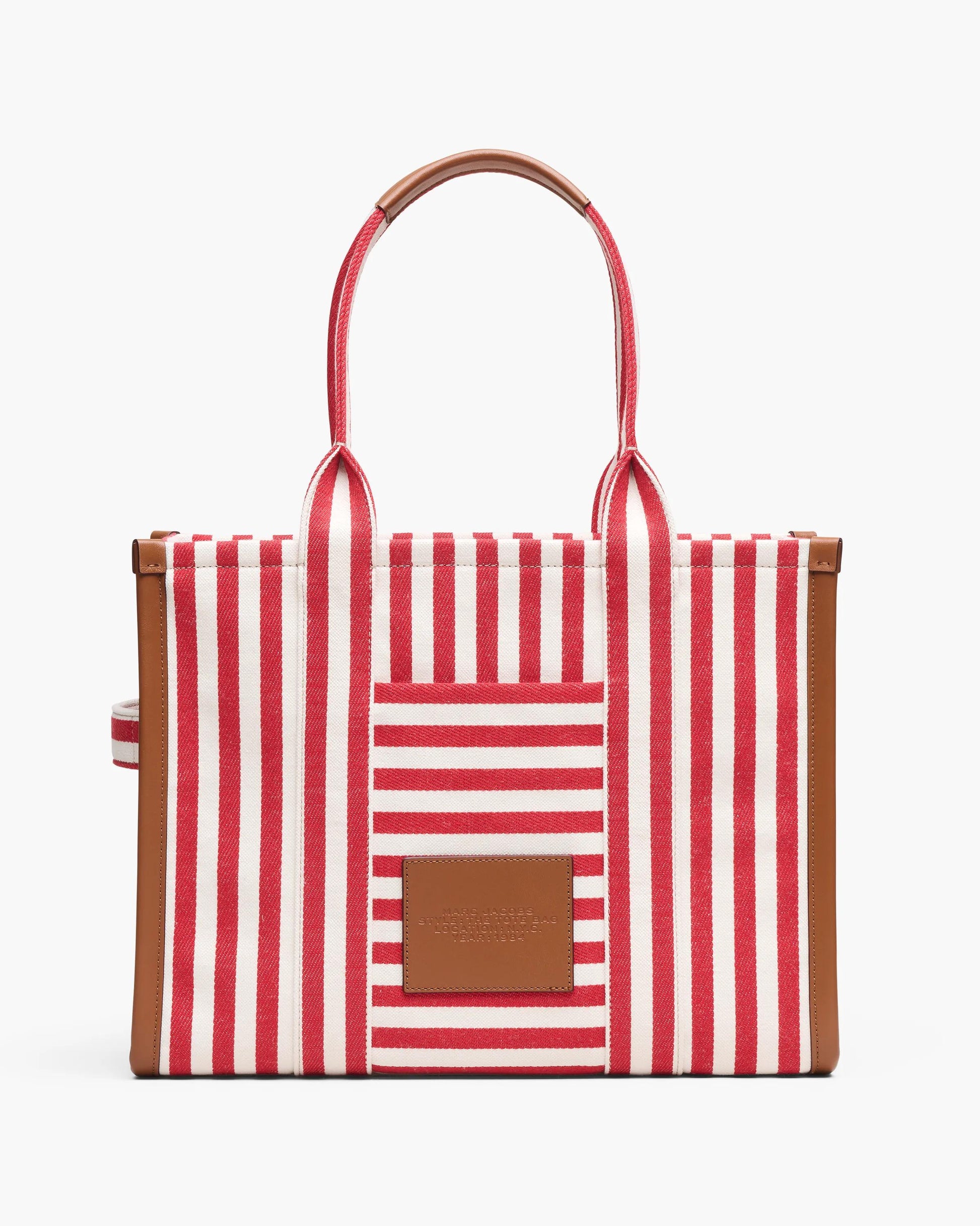 Bolsa Marc Jacobs The Stripe Canvas Large Tote Bag, Lona de Algodão pesada com acabamento em couro, cor Vermelho Multicolor, detalhe do material | Original Exports