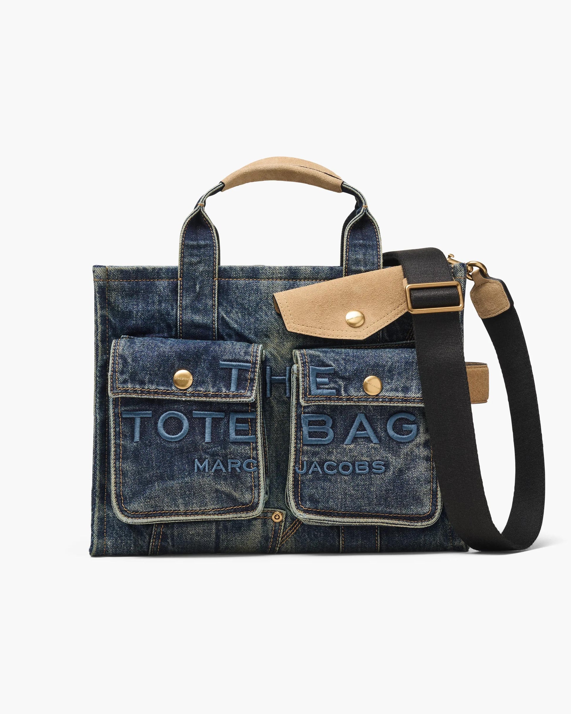 Bolsa Marc Jacobs The Denim Suede Medium Cargo Tote Bag, Jeans com acabamento em camurça, cor Jeans Escuro (Indigo), vista frontal | Original Exports