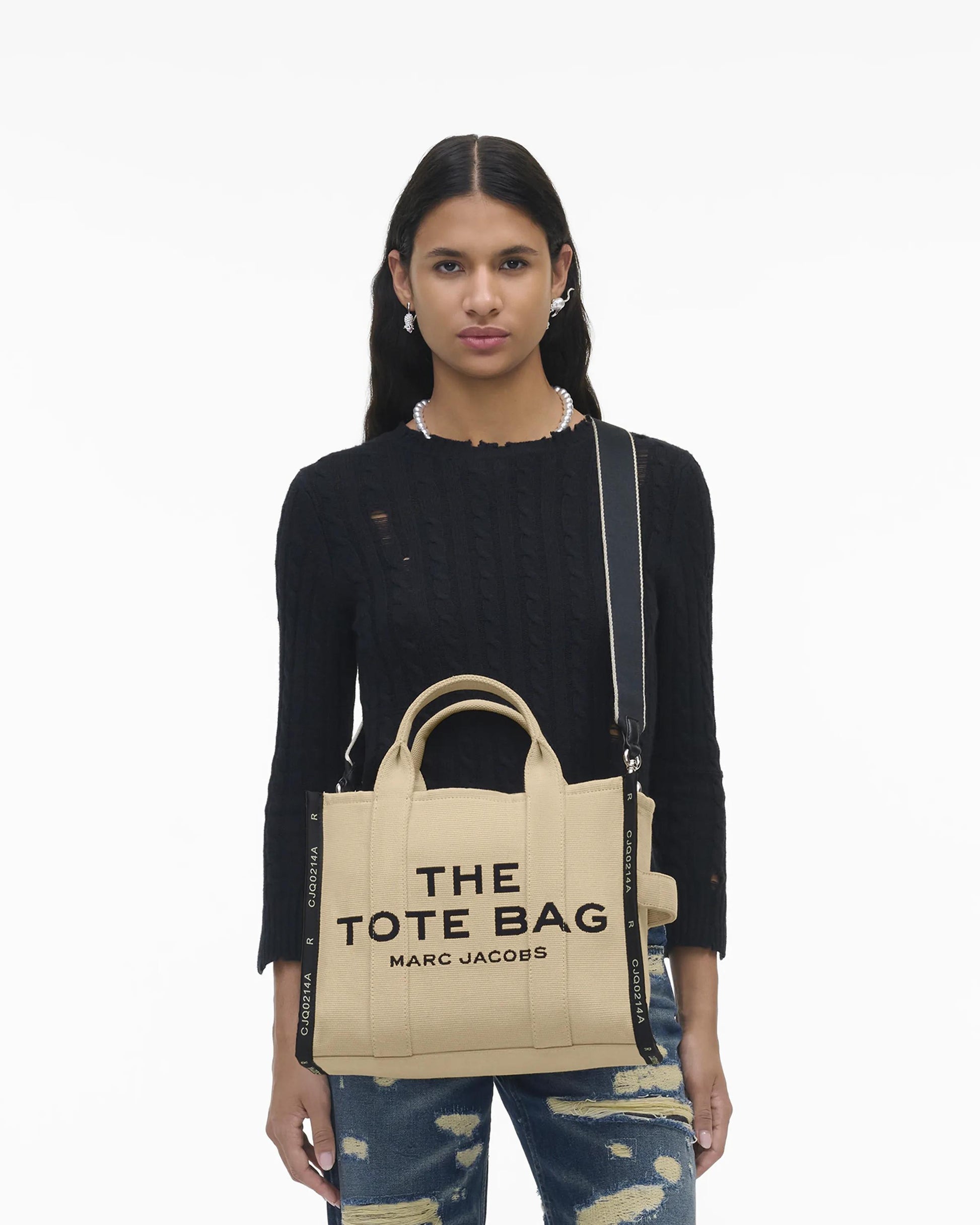 Bolsa Marc Jacobs The Jacquard Medium Tote Bag, Jacquard Tecido de Luxo, cor Areia Quente, vista lateral | Original Exports