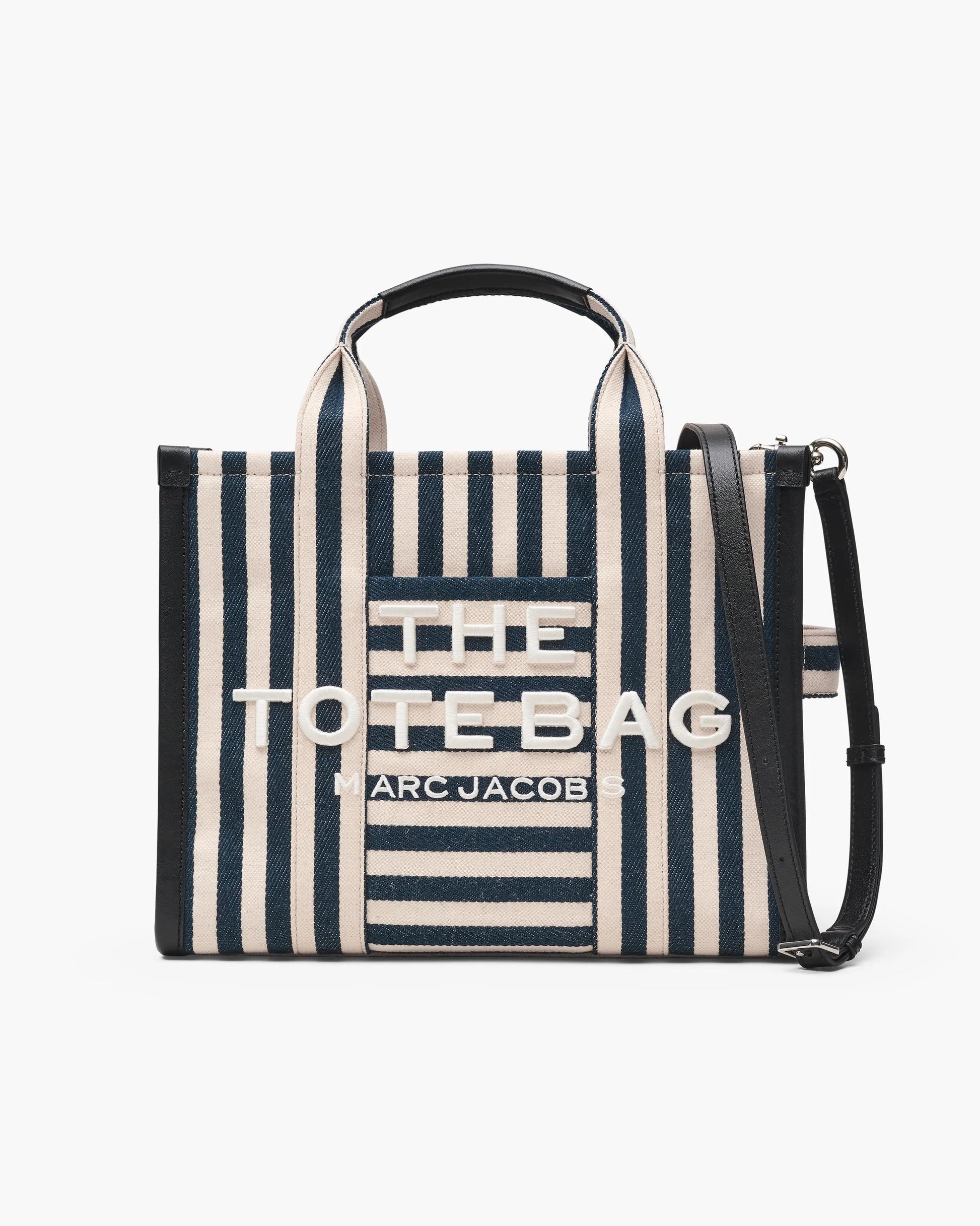 Bolsa Marc Jacobs The Stripe Canvas Medium Tote Bag, Lona de Algodão pesada com acabamento em couro, cor Azul Mar Multicolor, vista frontal | Original Exports