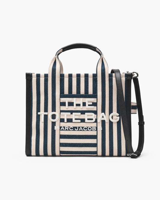 Bolsa Marc Jacobs The Stripe Canvas Medium Tote Bag, Lona de Algodão pesada com acabamento em couro, cor Azul Mar Multicolor, vista frontal | Original Exports