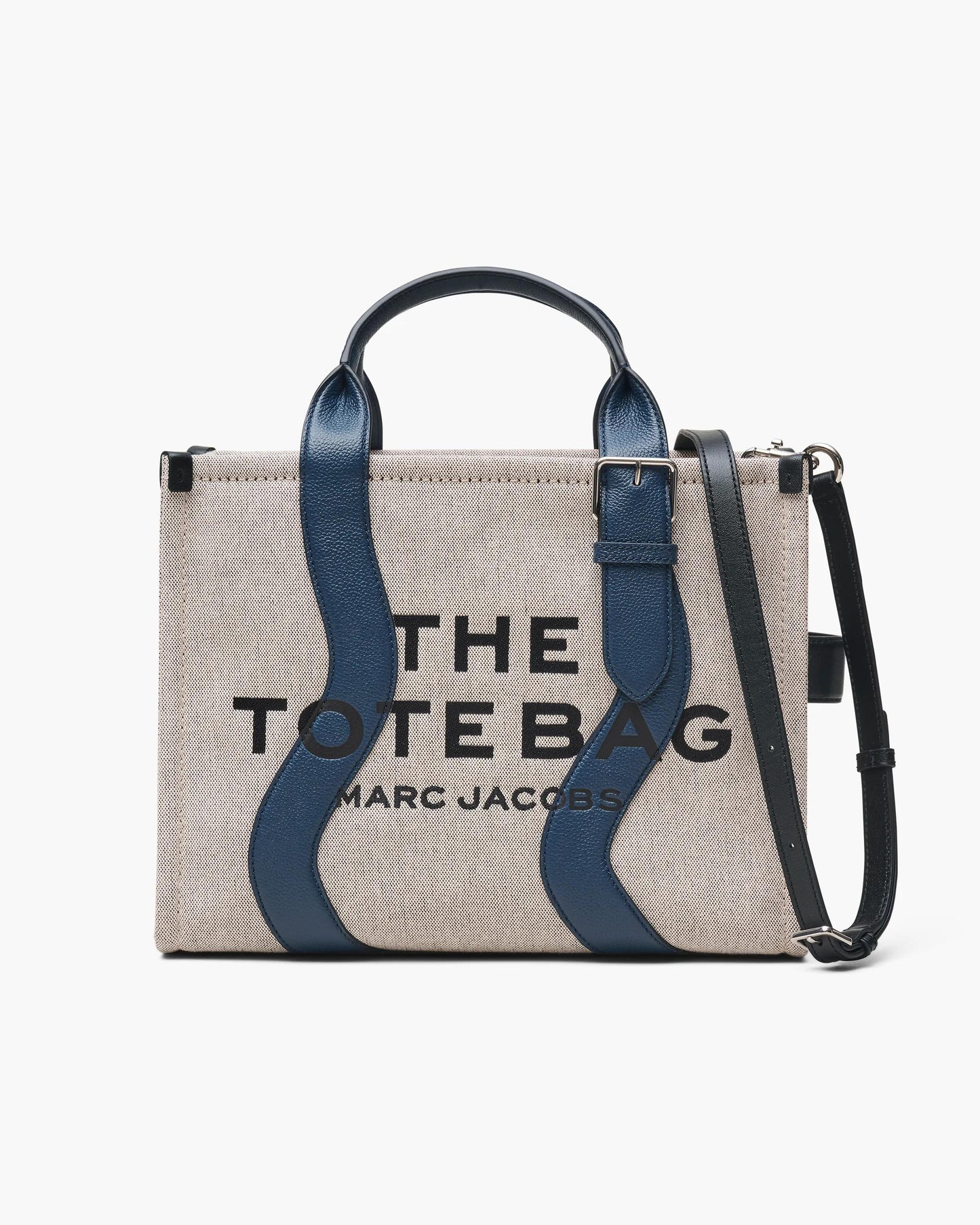 Bolsa Marc Jacobs The Wavy Canvas Medium Tote Bag, Lona de Algodão com acabamento em couro, cor Marfim/Azul Marinho, vista frontal | Original Exports