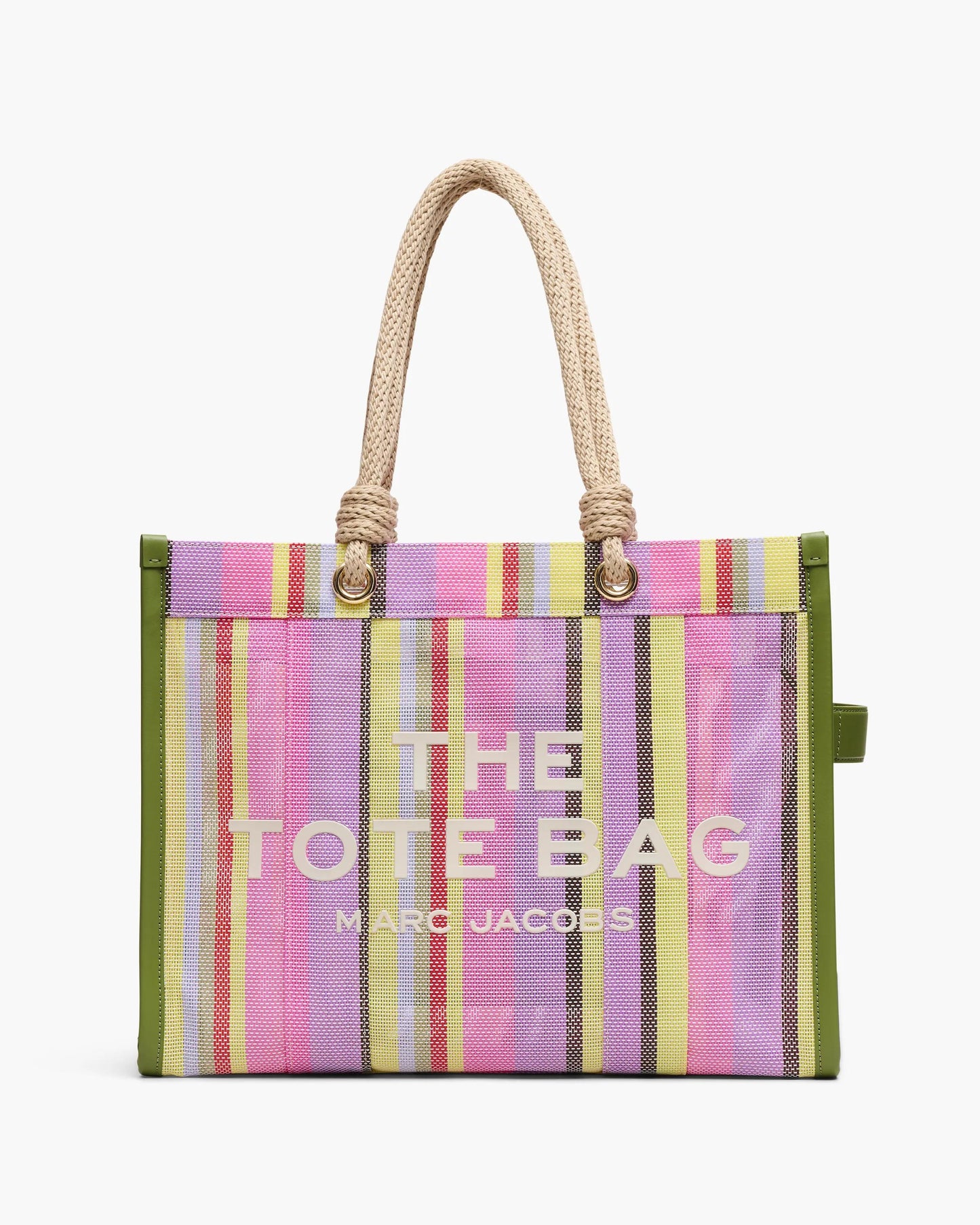 Bolsa Marc Jacobs The Stripe Mesh Large Tote Bag, Tela/Ráfia listrada, cor Roxo Multicolor, vista frontal | Original Exports