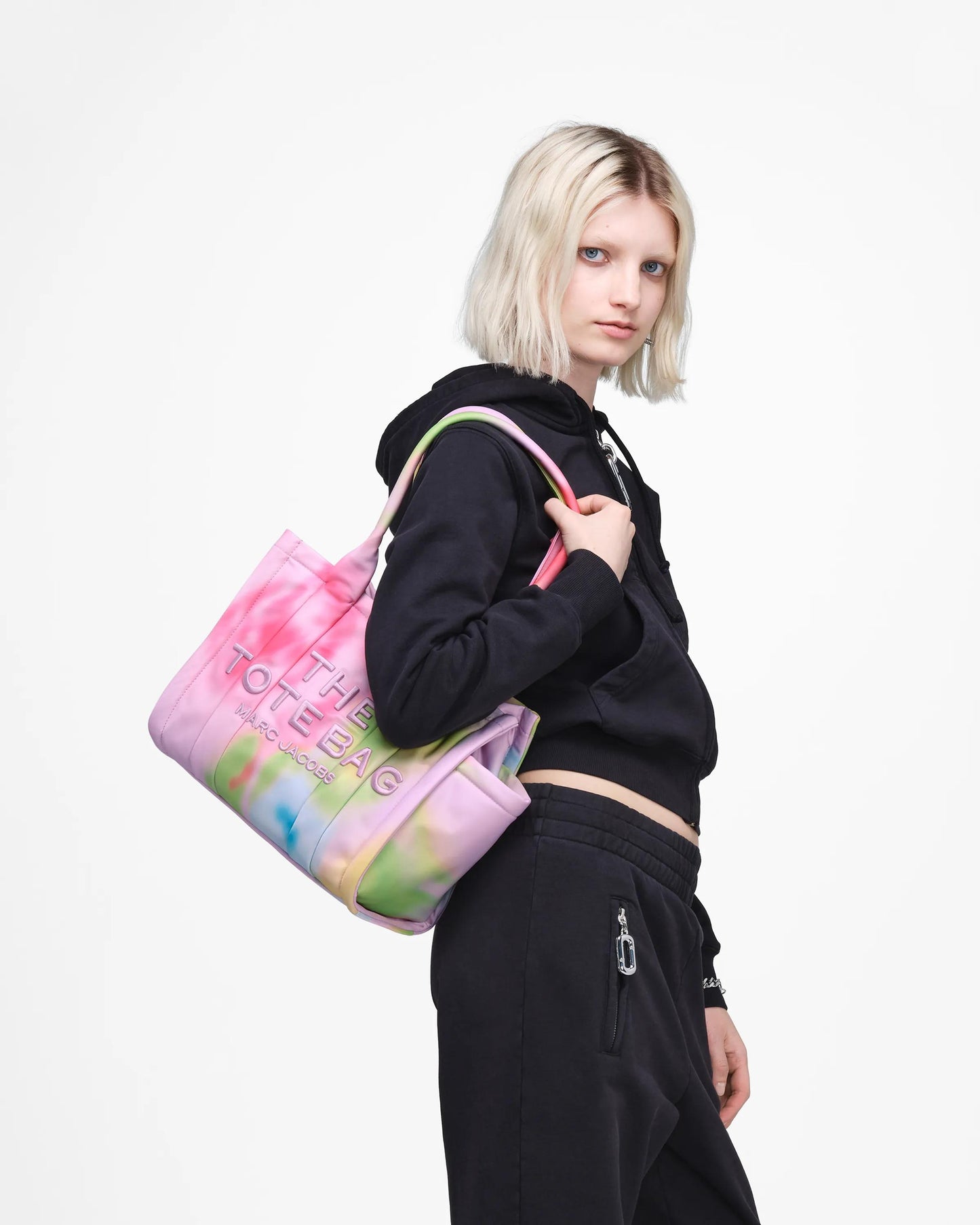 Bolsa Marc Jacobs The Blurred Floral Medium Puffy Nylon Tote Bag, Nylon acolchoado, cor Rosa Fita Multicolor, vista lateral | Original Exports