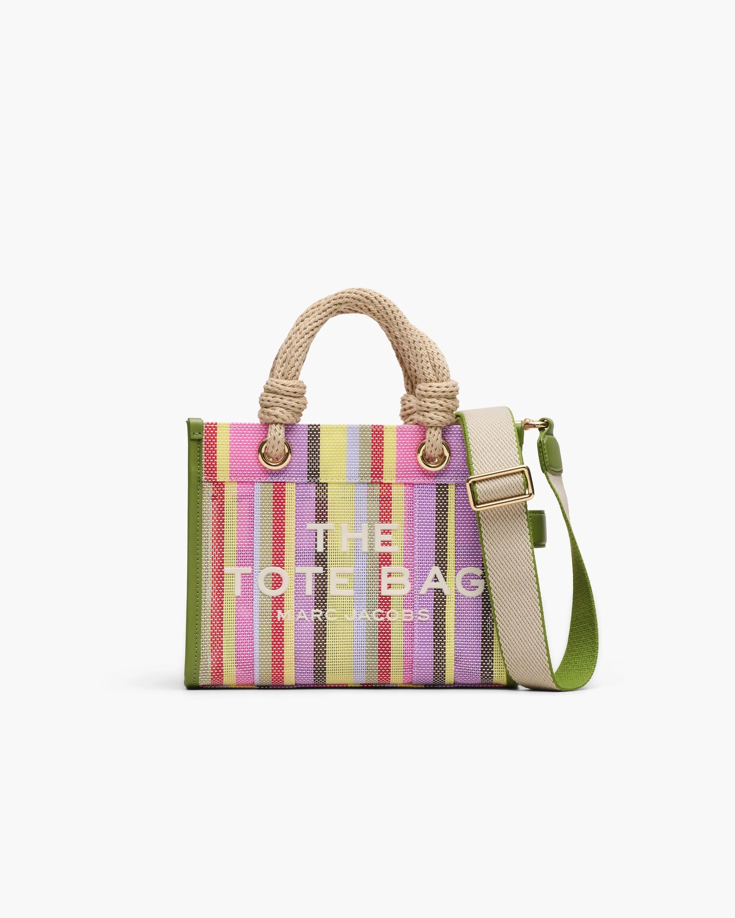 Bolsa Marc Jacobs The Stripe Mesh Small Tote Bag, Tela/Ráfia listrada, cor Roxo Multicolor, vista frontal | Original Exports