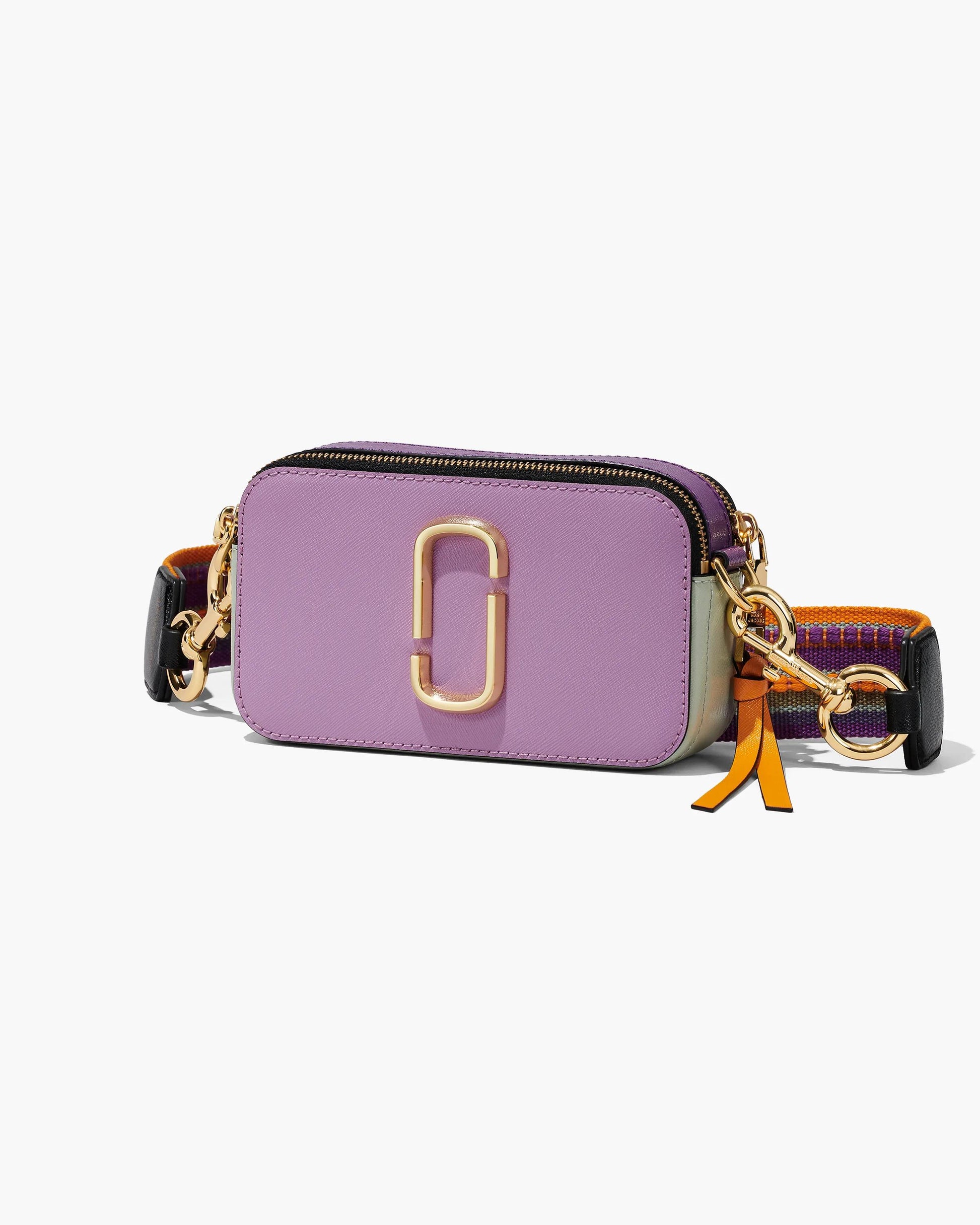 Bolsa Marc Jacobs The Snapshot Colorblock, Couro Saffiano Legítimo, cor Orquídea Real Multicolor, detalhe do material | Original Exports